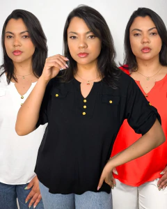 Kit 3 Blusa Camisa Com Botão Manga 3/4 em Viscolinho - comprar online