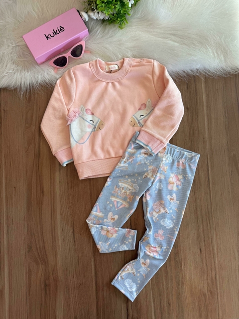 Conjunto Infantil Blusão Rosa Claro com Cavalo e Legging Azul Kukiê 80689 - comprar online