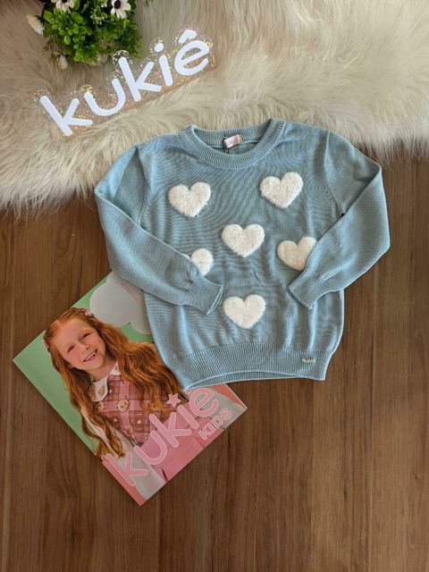 Blusão Infantil em Tricot Azul Claro com Corações Kukiê 78604 - comprar online