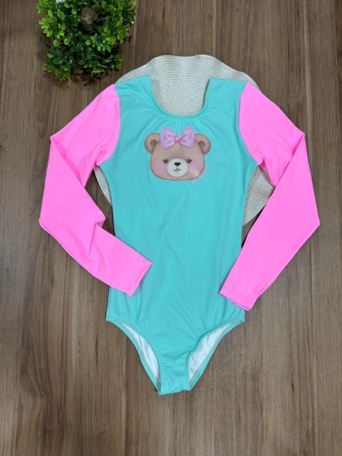 Maiô Infantil Manga Longa Rosa e Verde Urso Kukiê 85525 - comprar online