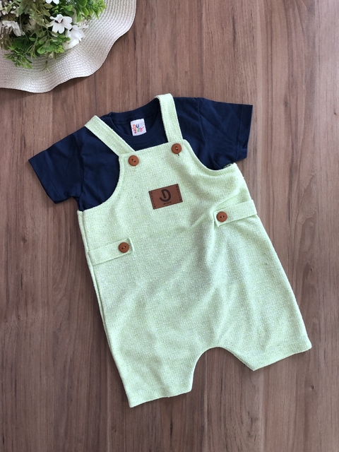 Conjunto Infantil Camiseta Azul Marinho e Jardineira em Malha Verde Neon Duzizo 7918