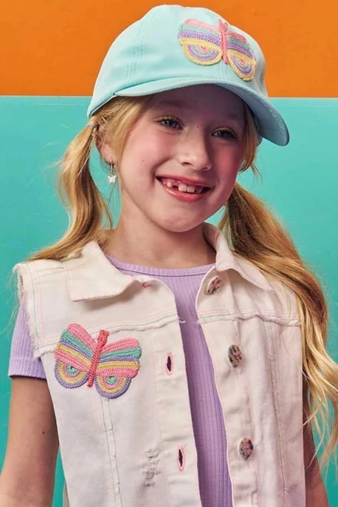 Boné Infantil Feminino em Nylon Azul Bordado Kukiê 74254