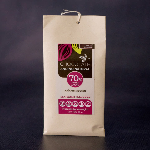 70% Cacao con Azúcar Mascabo y PASAS DE UVA 45gr