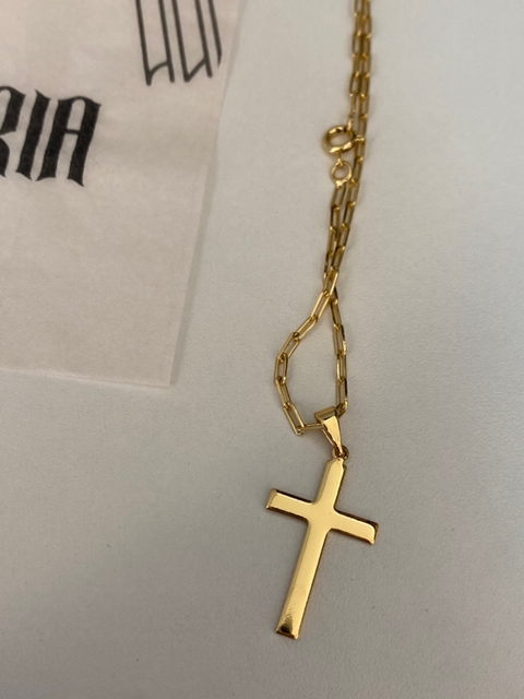 CORRENTE CADEADO ALONGADO FECHO BOIA TRADICIONAL (2MM) + CRUZ POLIDA - 2,6CMX1,6CM - BANHADO A OURO 18k -