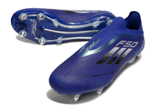 Chuteira campo Adidas F50 Elite Laceless SG na cor azul, com design aerodinâmico e travas para campo.