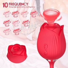 Imagem do Vibrador em formato de rosa estimuladora clitóris e do Ponto g 7 vibração e vai e vem Recarregável feito em Silicone - Fábrica da Sedução