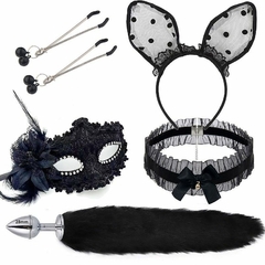 Kit Plug Rabo de raposa, Tiara de Orelhas ,Grampos para os seios em Metal, Gargantilha e Mascara - Fábrica da Sedução