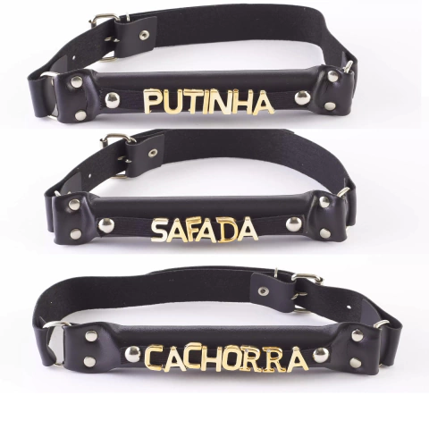 MORDAÇA EM BASTÃO PERSONALIZADA COM FRASE PICANTE COURO LINHA SADO BDSM - Fabrica da Sedução