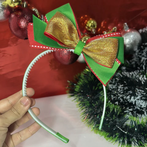 Tiara com dentes (Anti-derrapante) laço em PÉ Natalino Jeans verde - comprar online