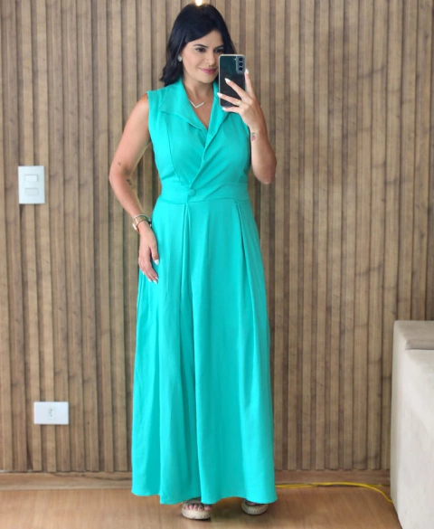 Vestido Longo linho com Gola