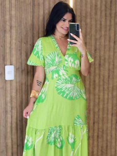 Vestido Longo Folhagens Em Viscolinho