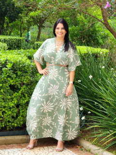 Vestido Saia e Croped Crepe duna com Amarração