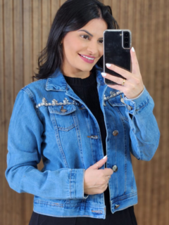 Jaqueta Feminina Jeans Bordada Com Pedrarias