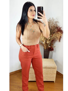 Calça de Linho Sandra com lastex, modelo reto - Tati Perale Modas 