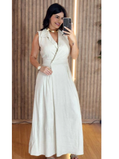 Vestido Longo linho com Gola - Tati Perale Modas 