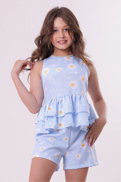 Conjunto Infantil Menina 2 Babados Azul Flores (Short + Batinha)