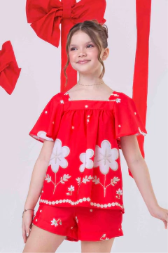 Conjunto Menina Amanda Vermelho Flores (Batinha + Short)