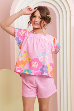 Conjunto Infantil Menina Luiza Rosa Flores (Short + Batinha)