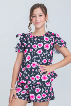 Conjunto Infantil Menina Victoria Preto Flores (Short + Batinha)