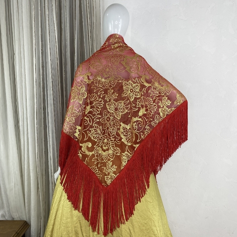 XALE DE TULE BORDADO COM FRANJA (VERMELHO)