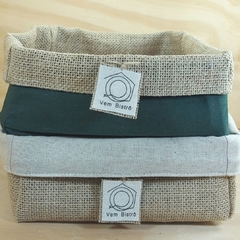 Cesta de Presentes - Linho Verde e Linho Cru - Logotipo Personalizado - Mercearia, Empório e Guloseimas
