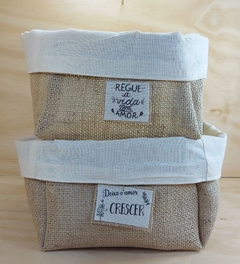 Cachepô Gratidão - Menta Floral - Tag Personalizada - Juta & Tecido