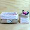 Kit Desconto Cesta com Porta Lápis - Rosa Bebê - Juta e Tecido - Tag Personalizada - Lembrancinha de Aniversário