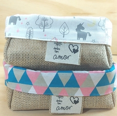 Cesta Temas Infantis - Juta e Tecido - Tag Personalizada - Lembrancinha de Aniversário