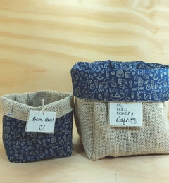 Cachepô Bom dia - Café - Azul - Tag Personalizada - Juta & Tecido