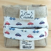 Cesta Carrinhos - Juta e Tecido - Tag Personalizada - Lembrancinha de Aniversário