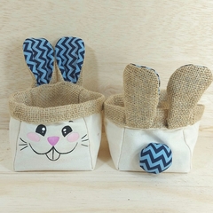 Coelho Carinha Chevron Azul - Cestinho e Cachepô - Sarja Algodão Cru & Estampas - Craft.Mimo