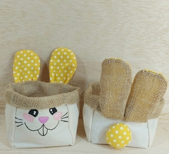 Coelho Carinha Bolinhas - Verde e Amarelo - Cestinho e Cachepô - Sarja Algodão Cru & Estampas - loja online