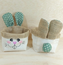 Coelho Carinha Bolinhas - Verde e Amarelo - Cestinho e Cachepô - Sarja Algodão Cru & Estampas - Craft.Mimo
