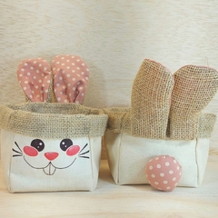 Coelho Carinha Corações e Poá - Cestinho e Cachepô - Sarja Algodão Cru & Estampas - Craft.Mimo