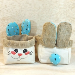Coelho Carinha Azul & Rosa - Cestinho e Cachepô - Sarja Algodão Cru & Estampas - Craft.Mimo