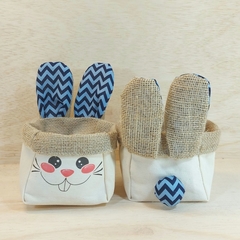 Coelho Carinha Chevron Azul - Cestinho e Cachepô - Sarja Algodão Cru & Estampas