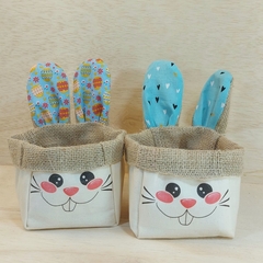Coelho Carinha Azul & Rosa - Estampas de Páscoa - Cestinho e Cachepô - Sarja Algodão Cru & Estampas - comprar online