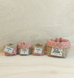 Cachepô Corações Rosé - Nomes - Tag Personalizada - Juta & Tecido