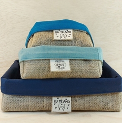 Cesta Dia dos Namorados - Tons de Azul - Cesta de Presentes - Tag Personalizada - Juta & Tecido