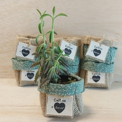 Cachepô Festas & Eventos - Cultive o Amor - Menta Floral - Brinde e Lembrancinha - Tag Personalizada - Juta & Tecido