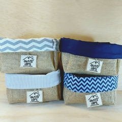 Cachepô Cuia Sweet Home - Geométricos - Azul e Cinza - Tag Personalizada - Juta & Tecido