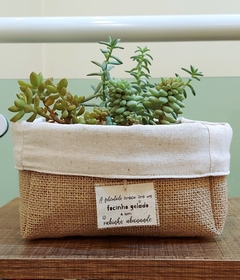 Cachepô Cuia Sweet Home - Geométricos - Azul e Cinza - Tag Personalizada - Juta & Tecido - Craft.Mimo