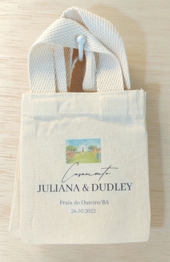 Sacolinha Minibag Casamento - Paisagem - Estampa Grande - Personalizada - Estampa Grande - Algodão Cru - Lembrancinha de Casamento