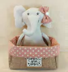 Cesta com Elefany, a Elefantinha de Tecido - Aniversário Infantil - Juta e Tecido - Tag Personalizada - Lembrancinha de Aniversário