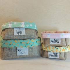 Cesta de Páscoa Zig Zag & Bolinhas - Coloridas - Cesta de Presentes - Tag Personalizada - Juta & Tecido - loja online