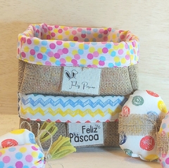 Cesta de Páscoa Zig Zag & Bolinhas - Coloridas - Cesta de Presentes - Tag Personalizada - Juta & Tecido