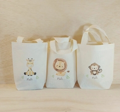 Sacolinha Minibag Safari Leão Girafa Macaco - Estampa Grande - Algodão Cru