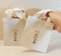 Sacolinha Minibag Mascotinho - Aniversário de Menino - Nome e Idade - Personalizada - Estampa Padrão - Algodão Cru - Lembrancinha de Aniversário