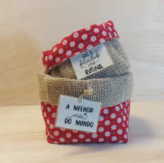 Cachepô Margaridinhas - Fundo Vermelho - Juta e Tecido - Cestinho - Dia das Mães - Lembrancinha
