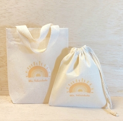 Sacolinha Minibag Arco-Íris Boho - Paleta Rosé - Com Data - Personalizada - Estampa Padrão - Algodão Cru - Lembrancinha de Aniversário - loja online